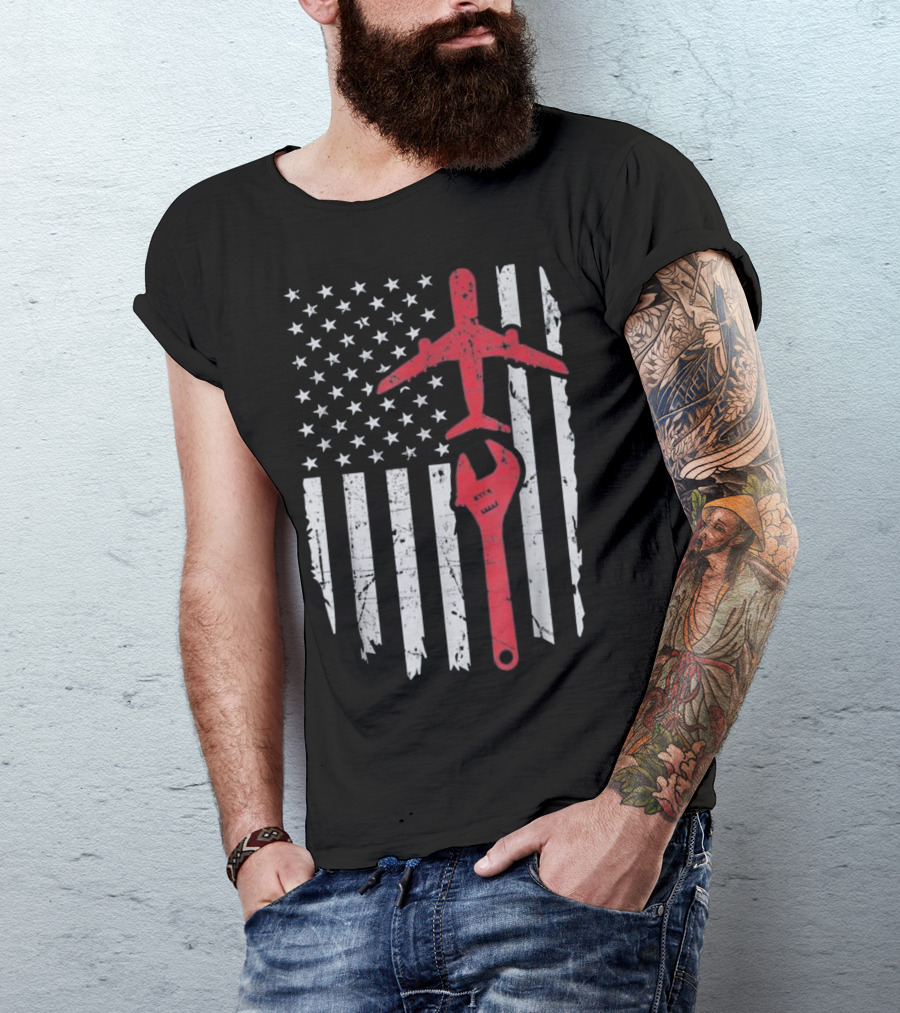 American Flag Airplane Mechanic Aviation Technician Wrench T-Shirt