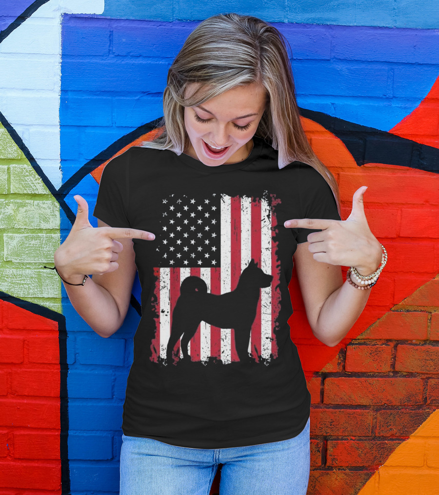 Patriotic American USA Akita Silhouette Over Grunge Flag 4th Of July T-Shirt