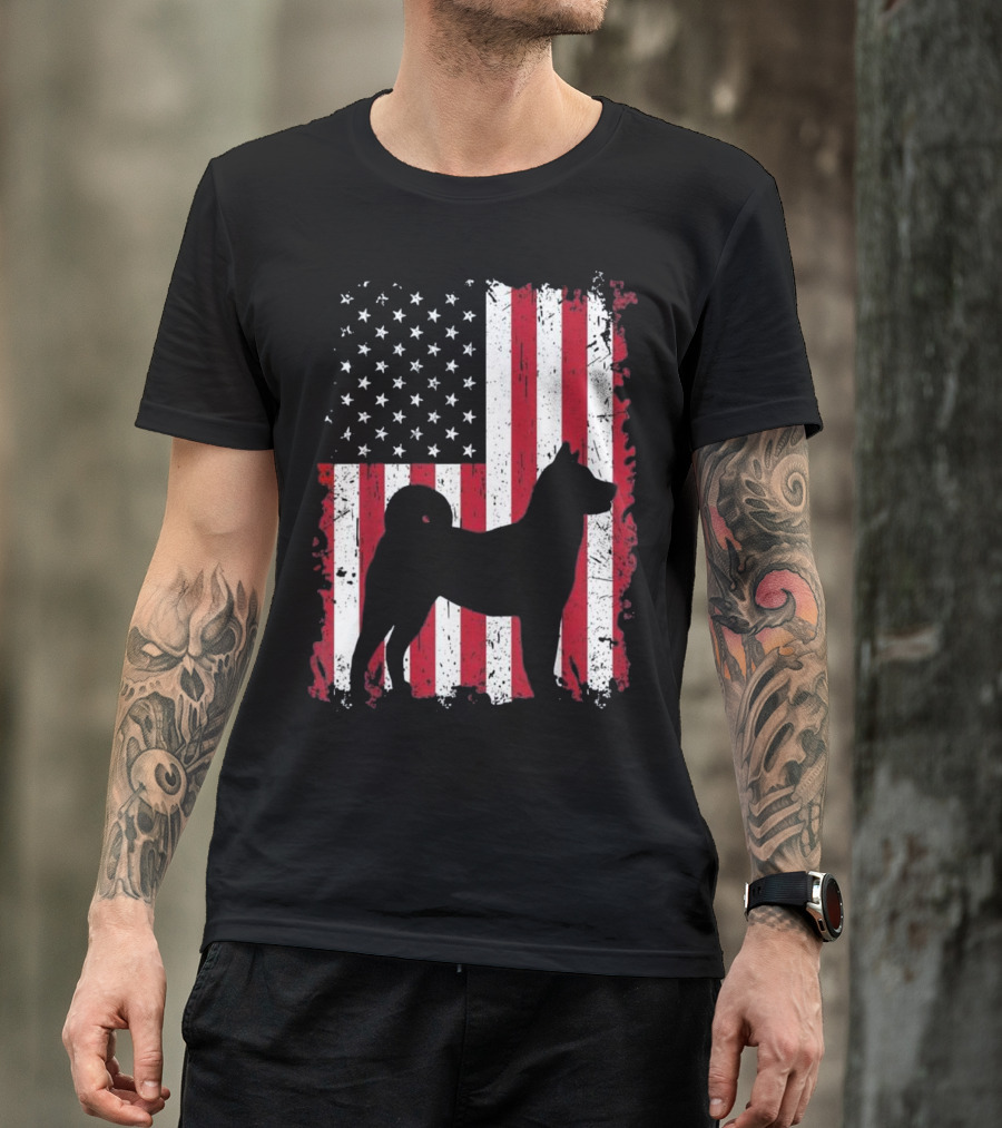 Patriotic American USA Akita Silhouette Over Grunge Flag 4th Of July T-Shirt