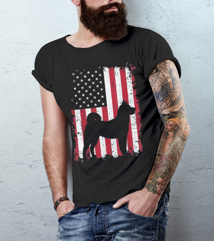 Patriotic American USA Akita Silhouette Over Grunge Flag 4th Of July T-Shirt
