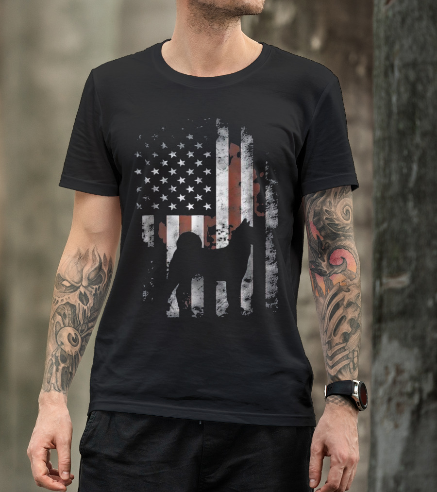 Akita Inu Silhouette Overlaid On American Flag Patriotic T-Shirt
