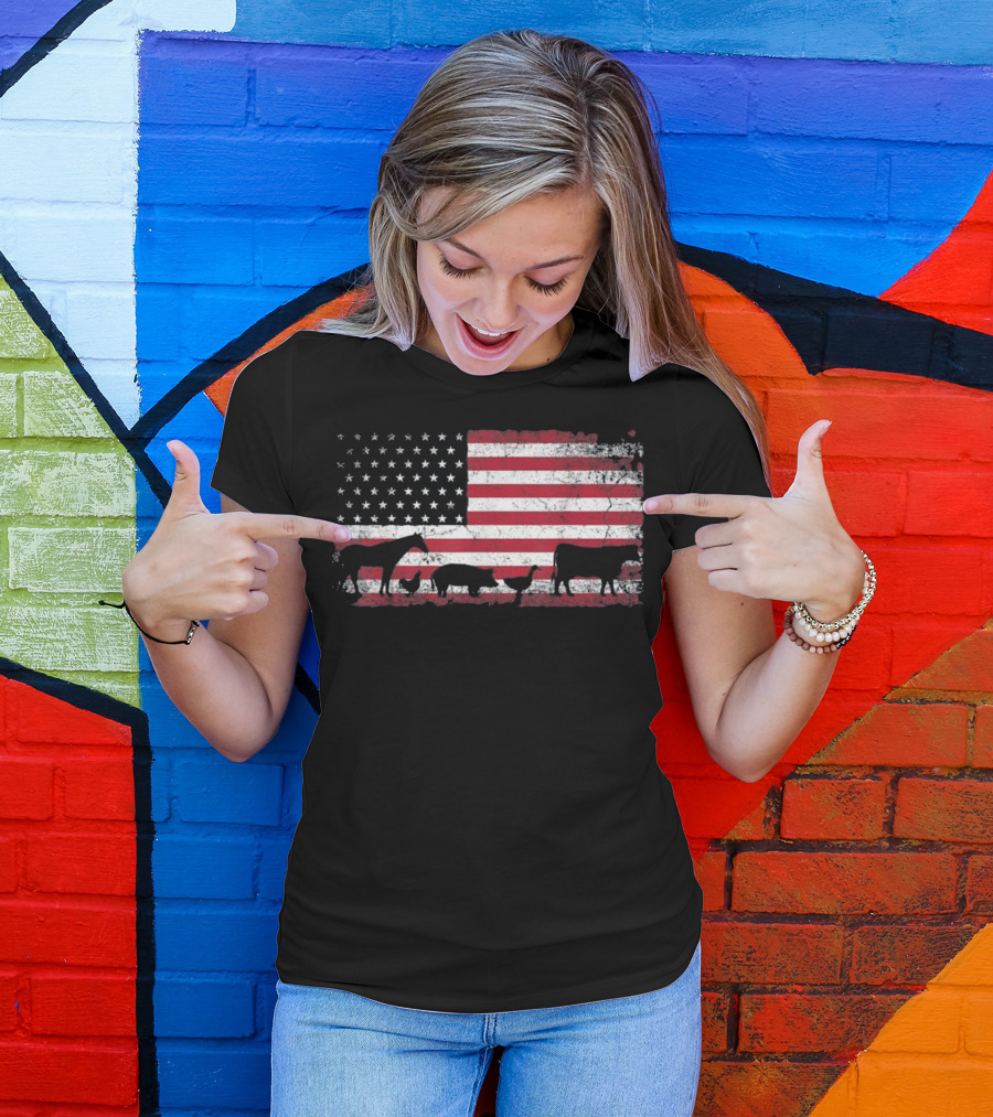 American Flag Farm Animals 4th Of July Chicken Horse Cow T-Shirt