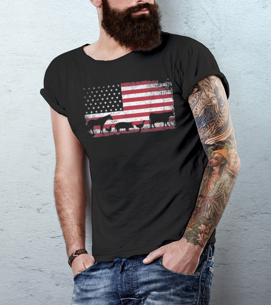 American Flag Farm Animals 4th Of July Chicken Horse Cow T-Shirt