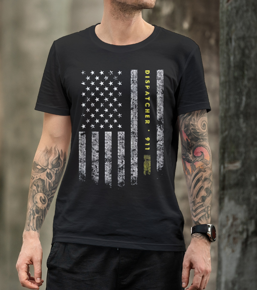American Flag Dispatcher 911 Gold Line T-Shirt