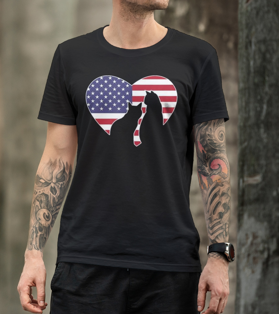 American Flag Cat Heart 4th Of July Patriotic T-Shirt