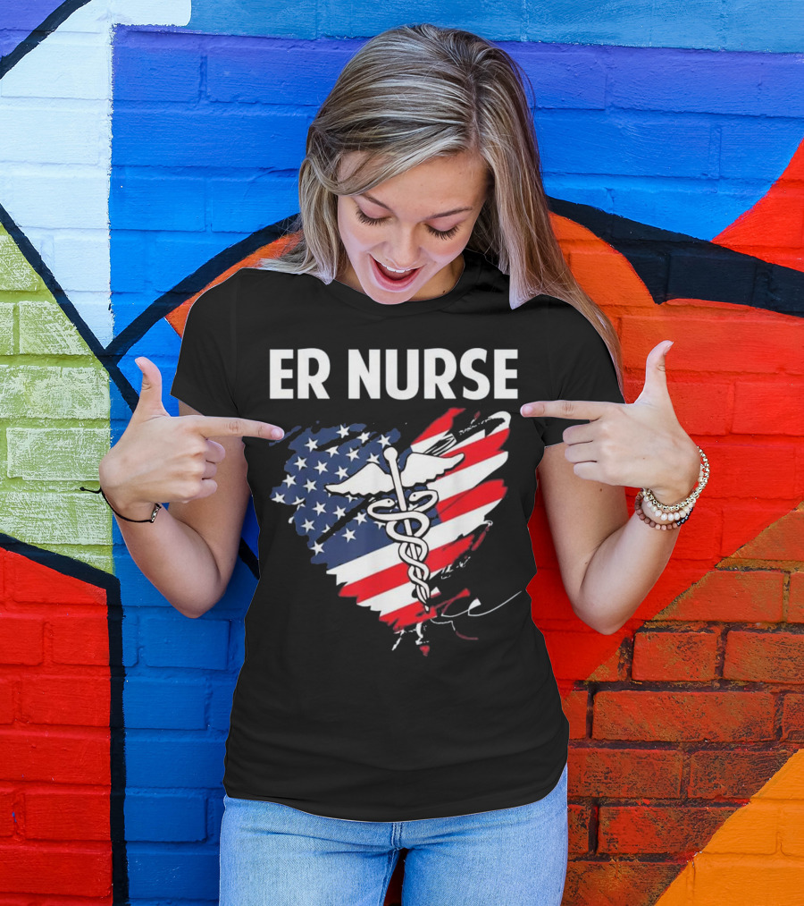 ER Nurse American Flag Caduceus Medical T-Shirt