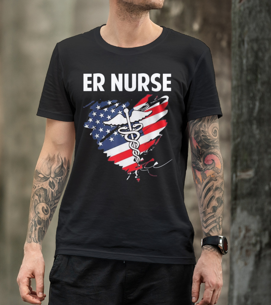 ER Nurse American Flag Caduceus Medical T-Shirt