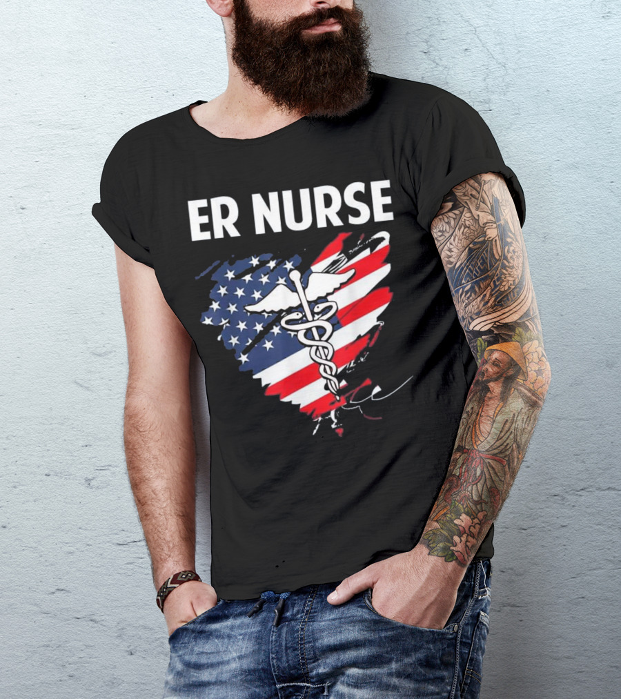 ER Nurse American Flag Caduceus Medical T-Shirt