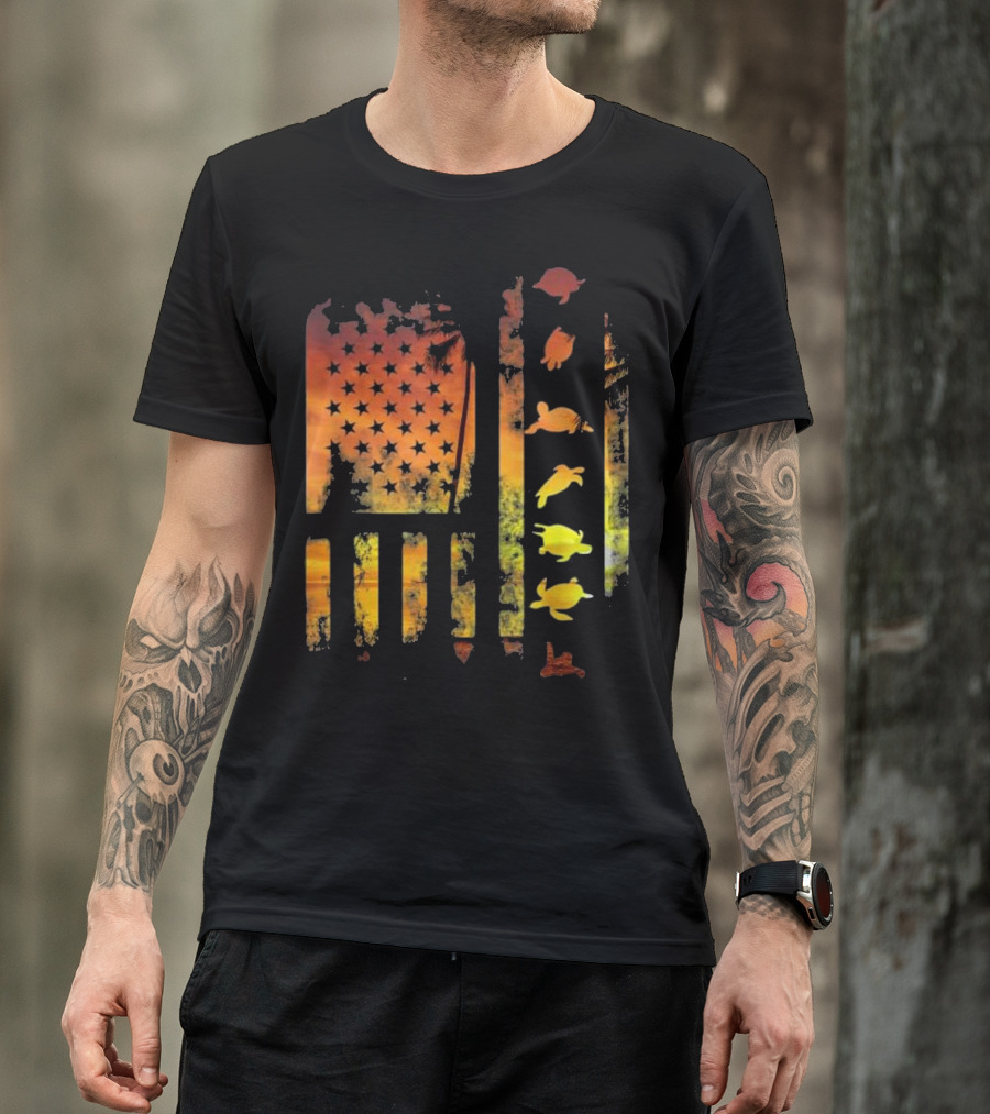 American Flag Sunset Sea Turtle T-Shirt