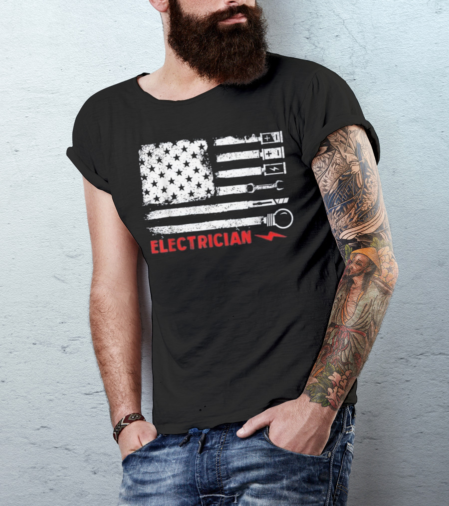 American Flag Electrician Wrench Bolt Battery Stars Stripe Icons T-Shirt