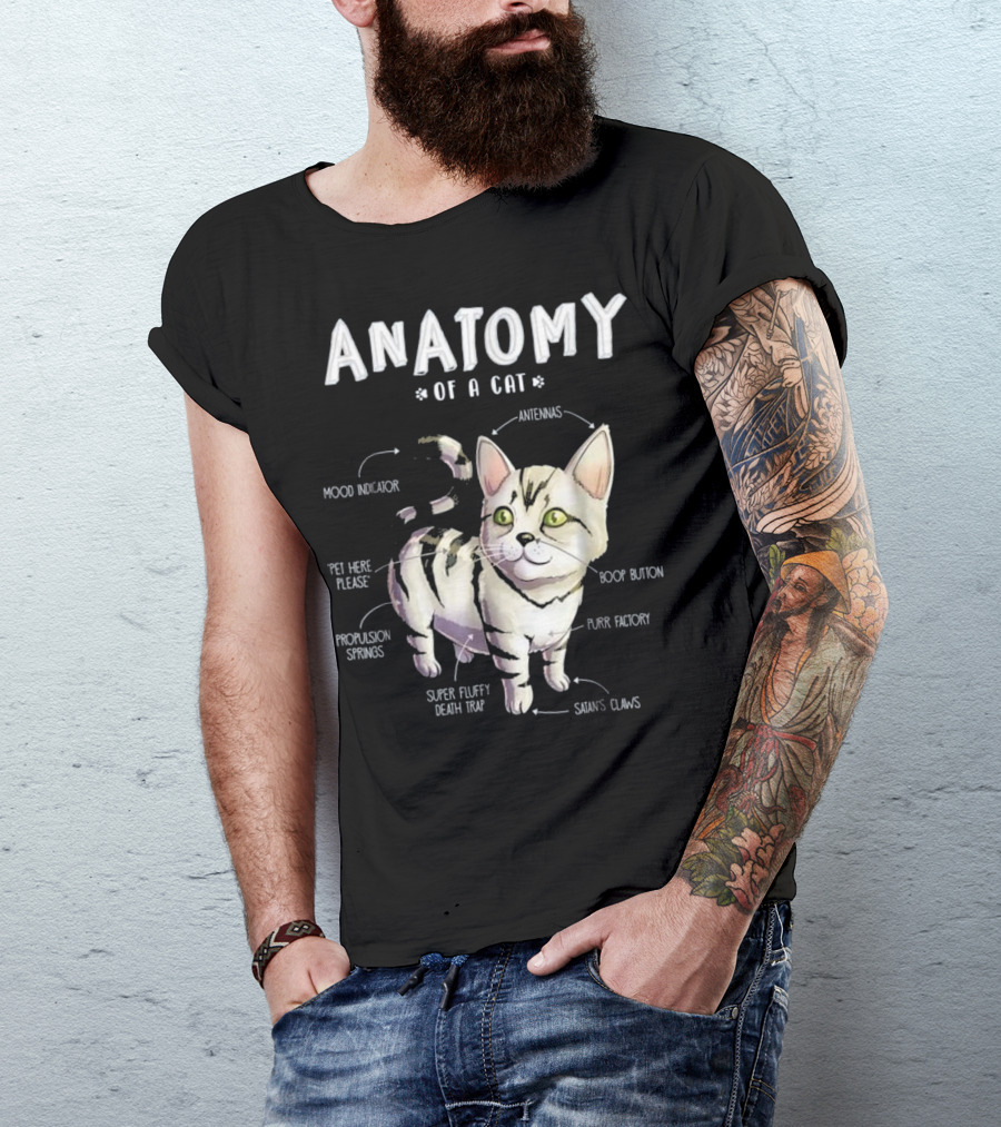 Anatomy Of A Cat Cute Funny Mood Indicator Purr Factory Boop Button Super Fluffy Death Trap T-Shirt