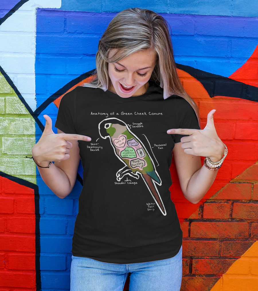 Anatomy Of A Green Cheek Conure Shirt-Destroying Device Snuggle Sensors Shoulder Clamps Poop Factory Personal Fan T-Shirt
