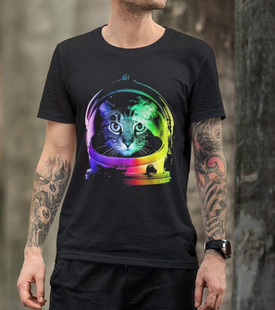 Space Cat In Astronaut Helmet With Cosmic Rainbow Colors T-Shirt