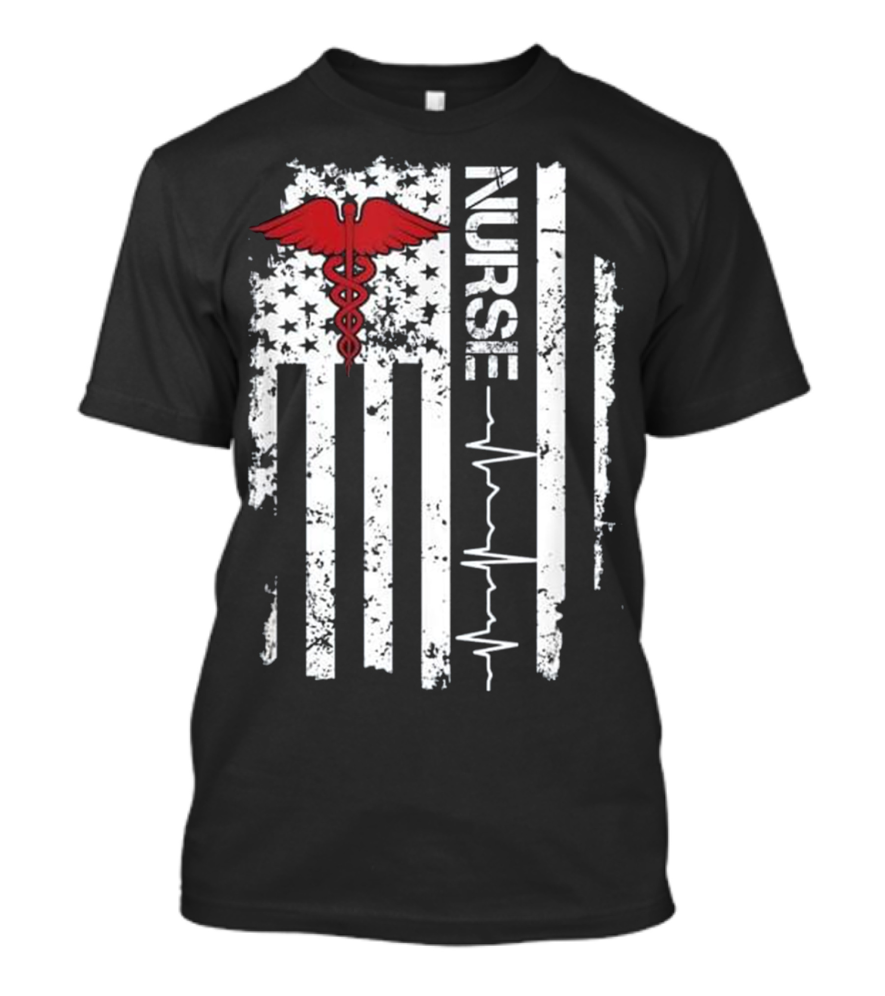 Nurse Caduceus Heartbeat American Flag Stars Stripes T-Shirt