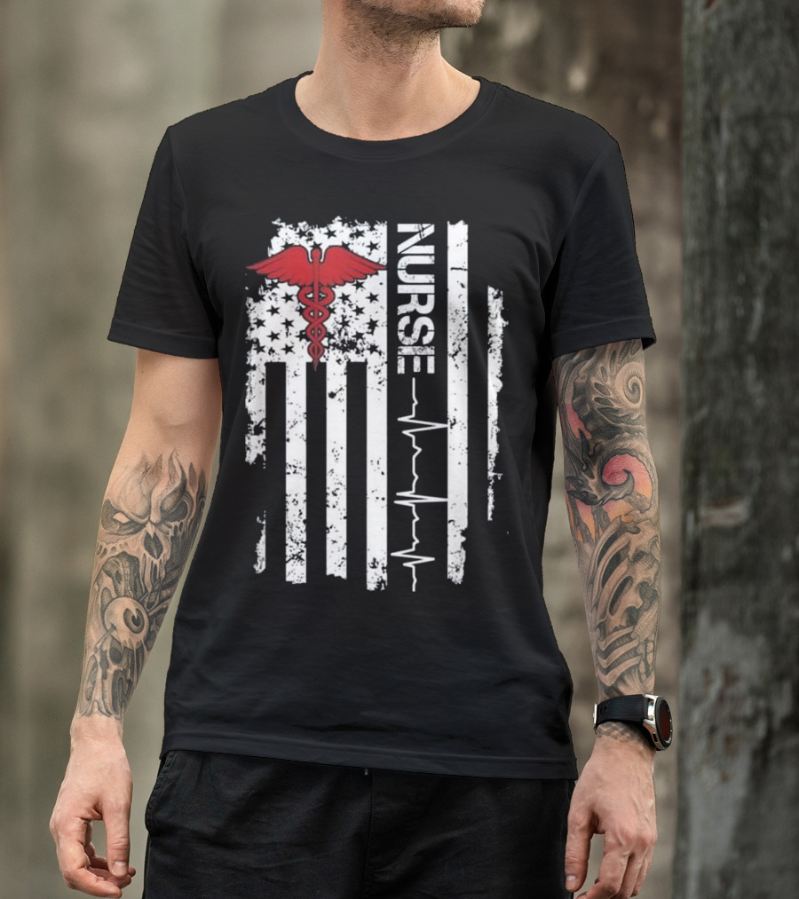 Nurse Caduceus Heartbeat American Flag Stars Stripes T-Shirt