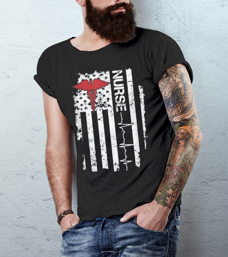 Nurse Caduceus Heartbeat American Flag Stars Stripes T-Shirt