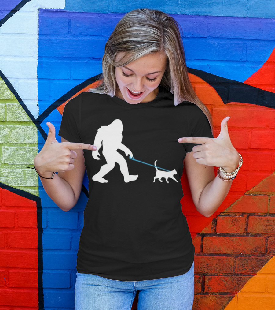 Bigfoot Walking Cat Funny Cute Sasquatch Silhouette Leash T-Shirt