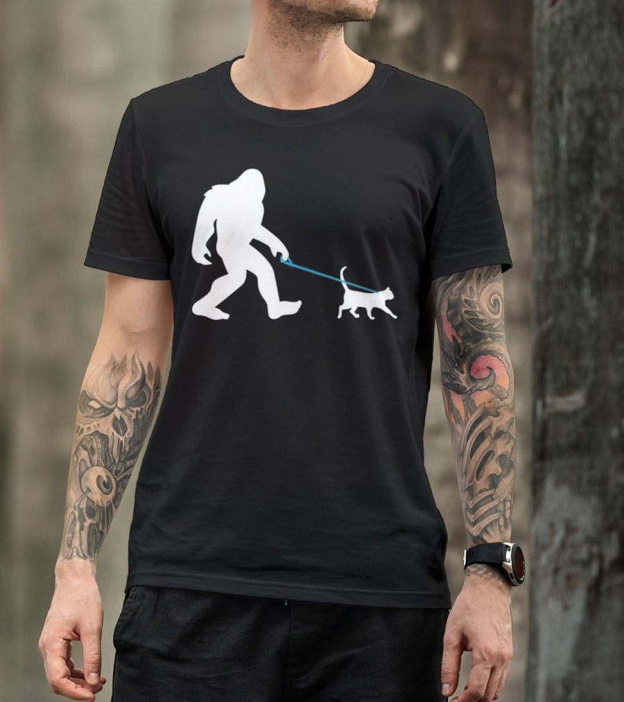 Bigfoot Walking Cat Funny Cute Sasquatch Silhouette Leash T-Shirt