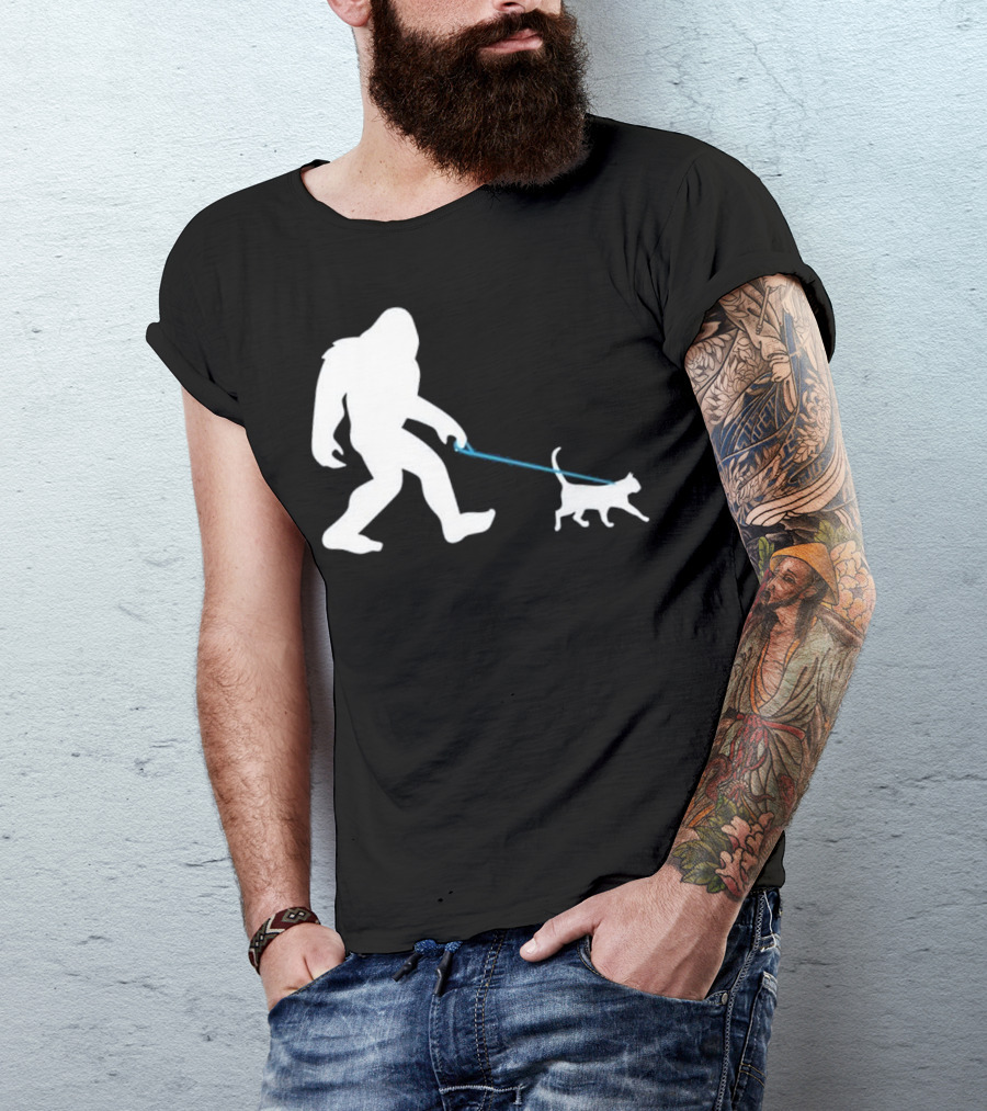 Bigfoot Walking Cat Funny Cute Sasquatch Silhouette Leash T-Shirt