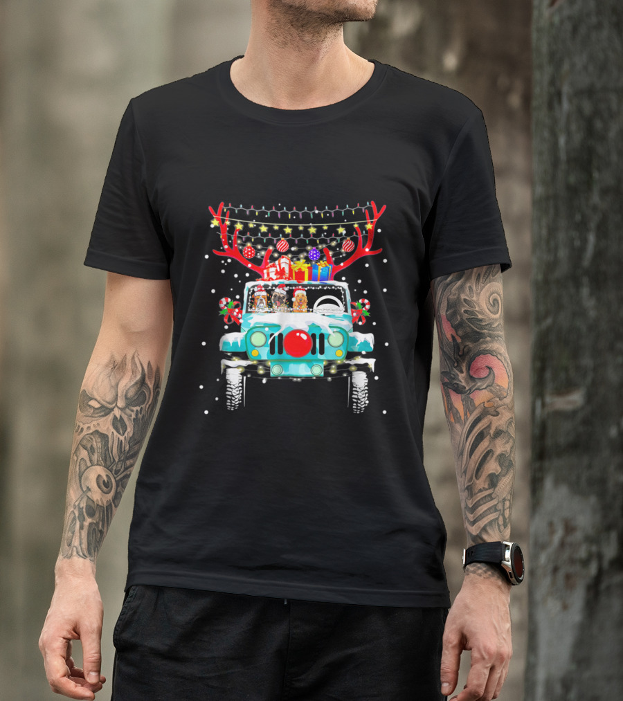 Christmas Jeep Reindeer Antlers Lights And Gifts T-Shirt