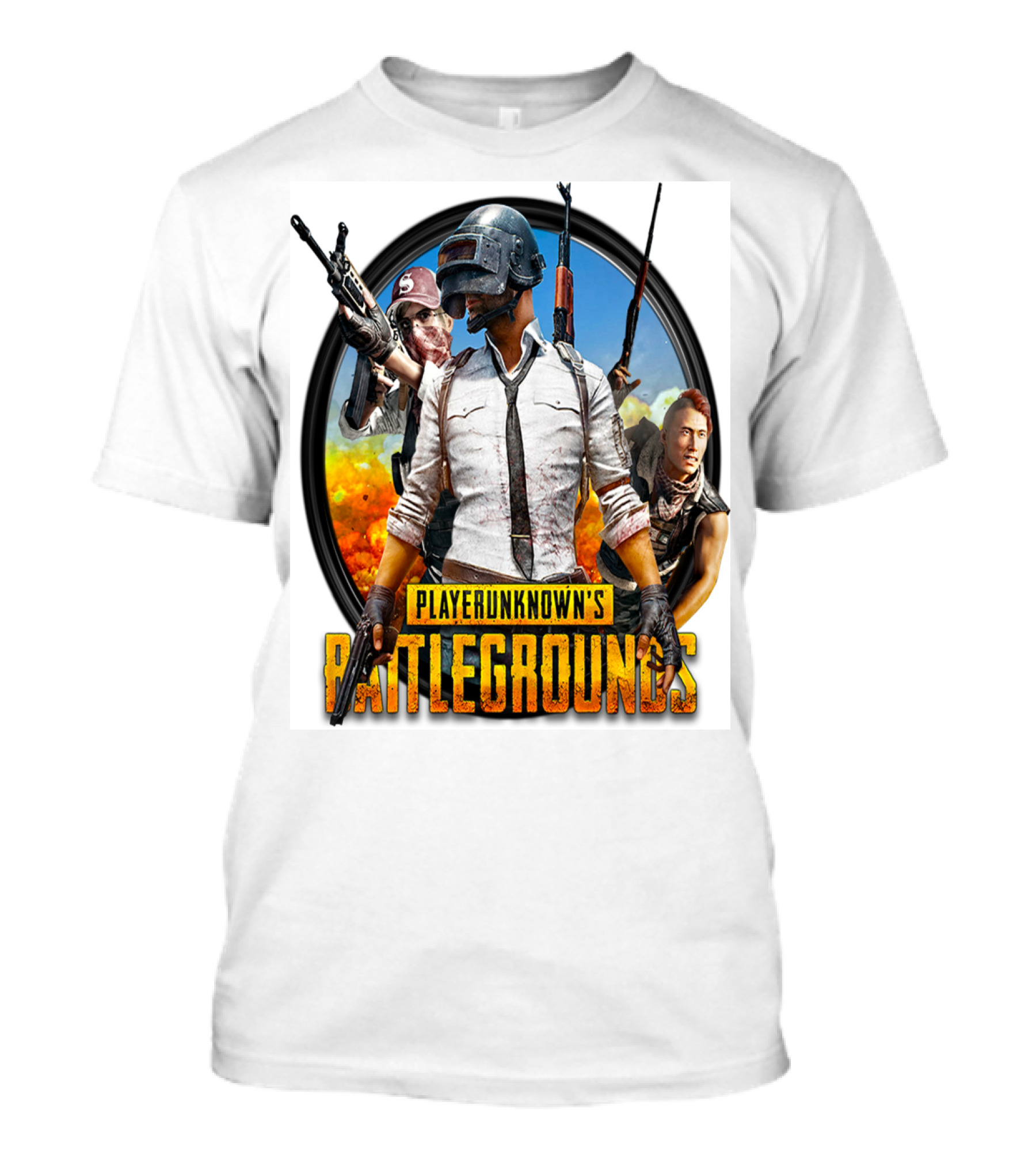 PlayerUnknown's Battlegrounds Trio Helmet And Weapons Explosive Background T-Shirt