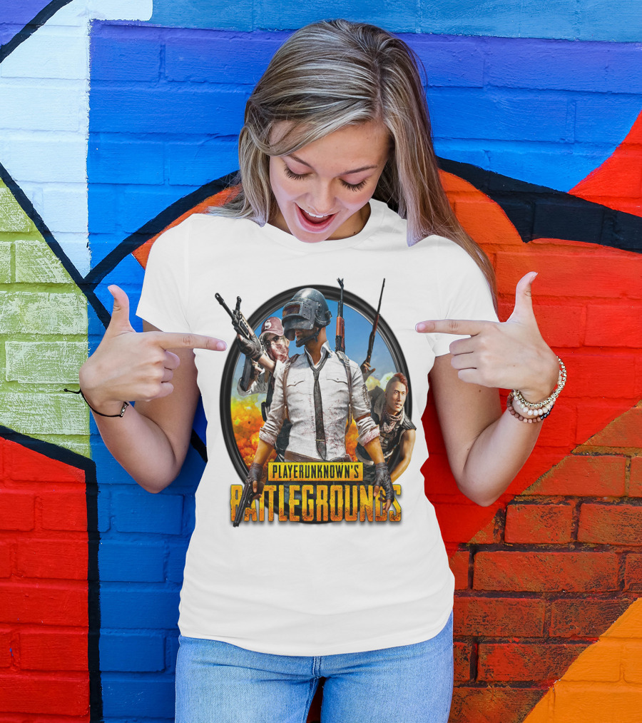 PlayerUnknown's Battlegrounds Trio Helmet And Weapons Explosive Background T-Shirt