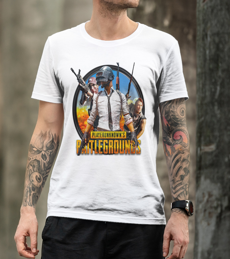 PlayerUnknown's Battlegrounds Trio Helmet And Weapons Explosive Background T-Shirt