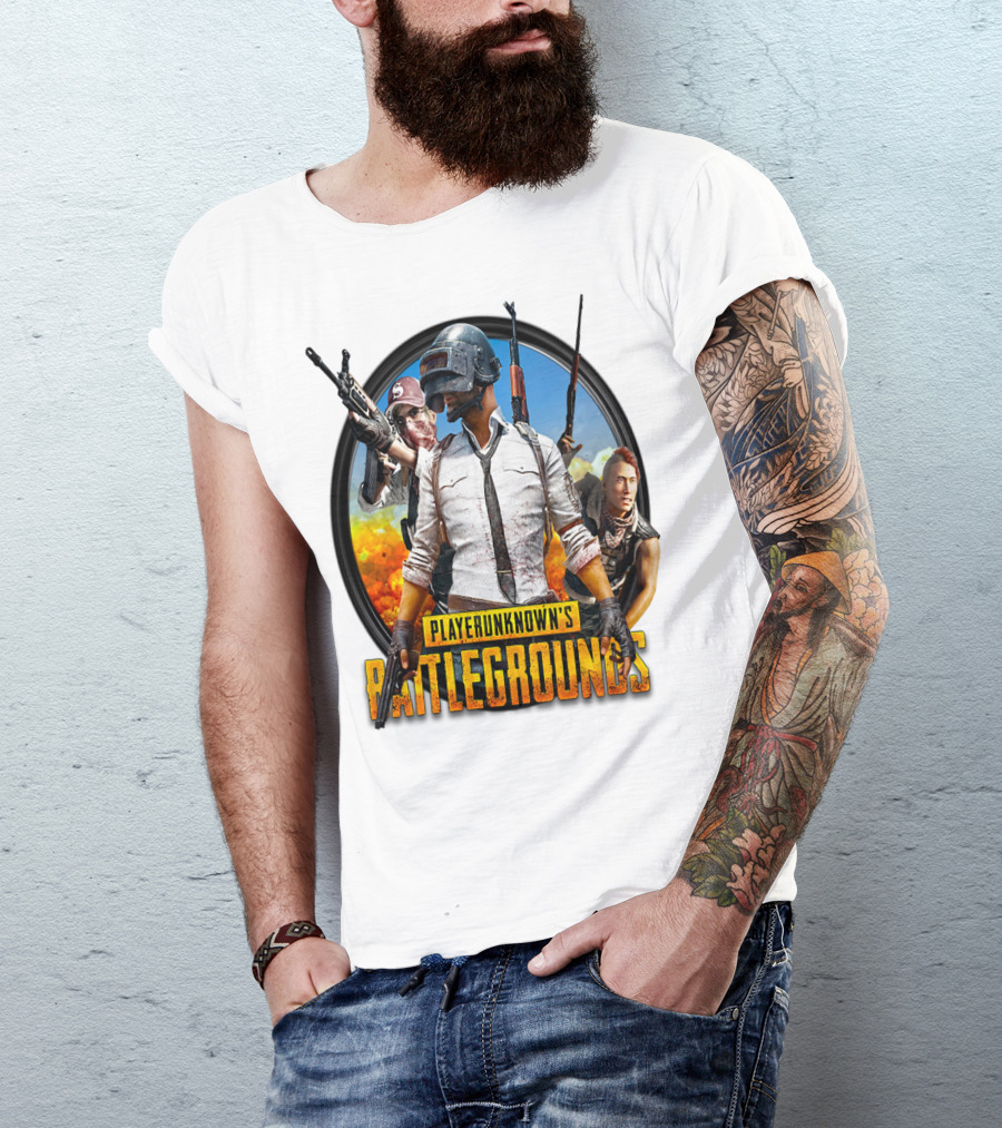 PlayerUnknown's Battlegrounds Trio Helmet And Weapons Explosive Background T-Shirt