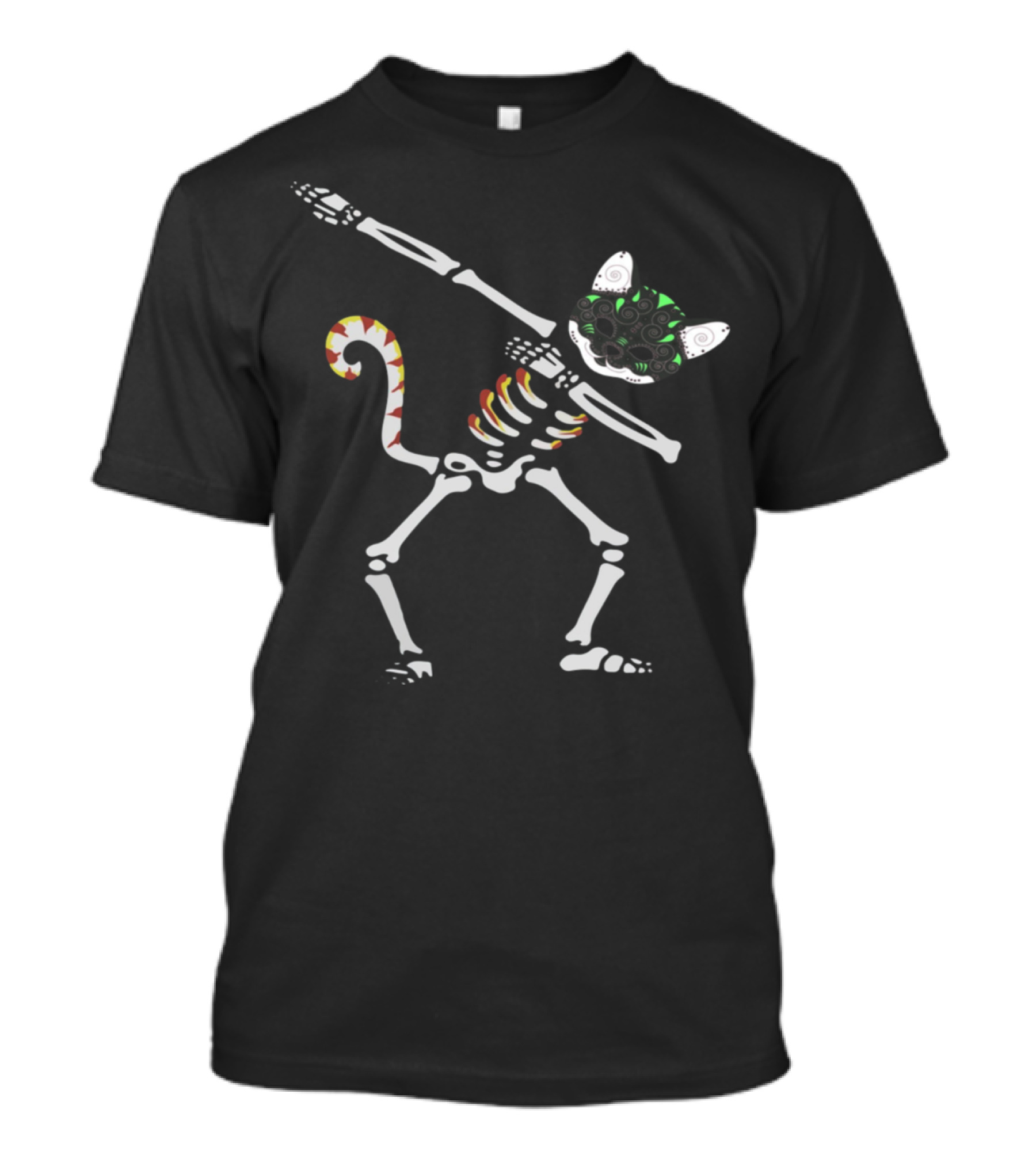 Cat Halloween Skeleton Dabbing With Colorful Tail And Mask T-Shirt