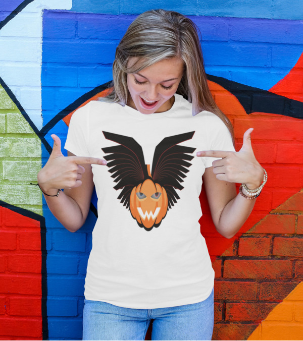 Pumpkin Wings Halloween Jack-O-Lantern With Black Bat Wings T-Shirt