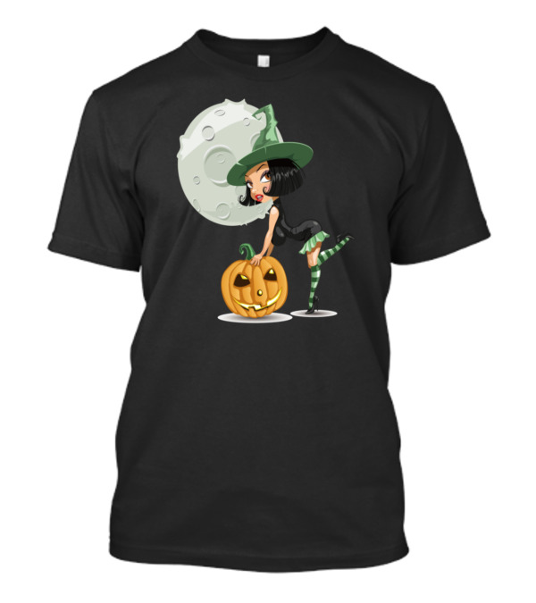 Witch With Pumpkin Full Moon Playful Pose T-Shirt