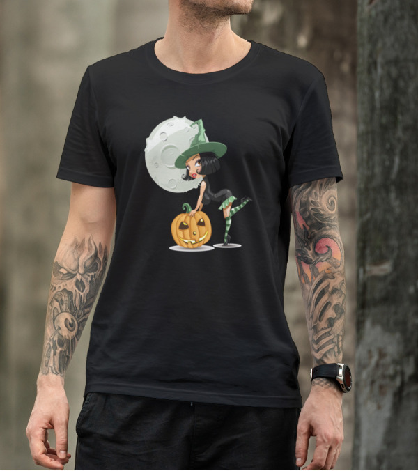 Witch With Pumpkin Full Moon Playful Pose T-Shirt