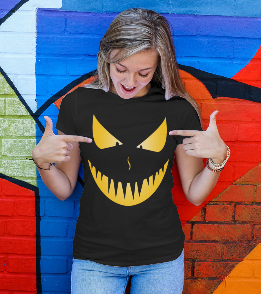 Scary Evil Pumpkin Face With Sharp Teeth And Menacing Eyes T-Shirt