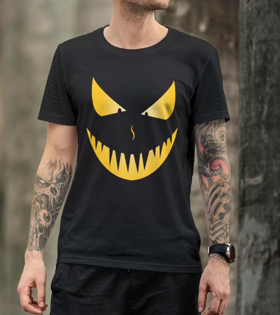 Scary Evil Pumpkin Face With Sharp Teeth And Menacing Eyes T-Shirt