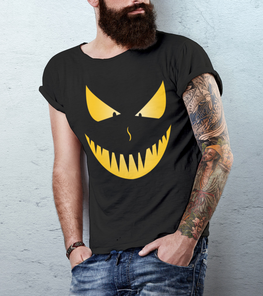 Scary Evil Pumpkin Face With Sharp Teeth And Menacing Eyes T-Shirt