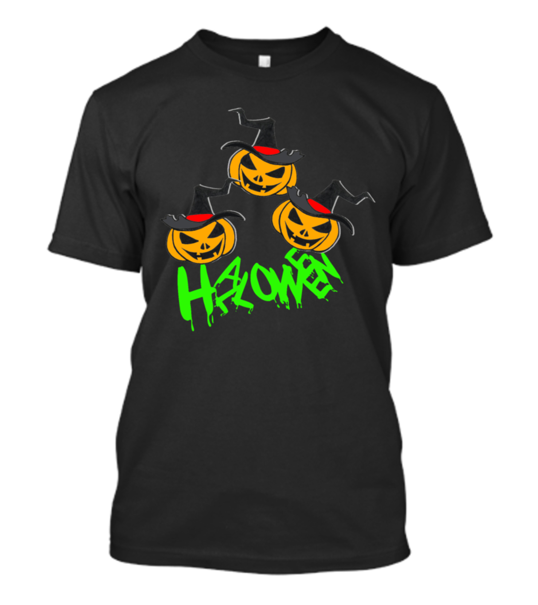 Halloween Pumpkin Witch Hat Trio Green Text T-Shirt