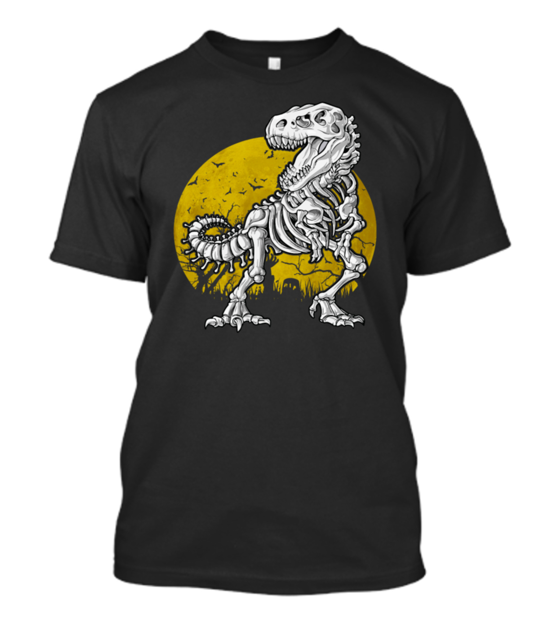 Halloween Dinosaur Skeleton In Haunted Moonlight Scene T-Shirt