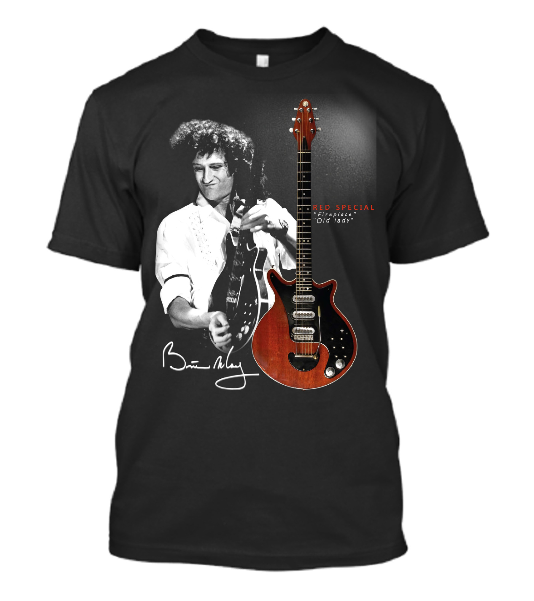 Brian May Red Special Fireplace Old Lady Guitar Signature Image T-Shirt