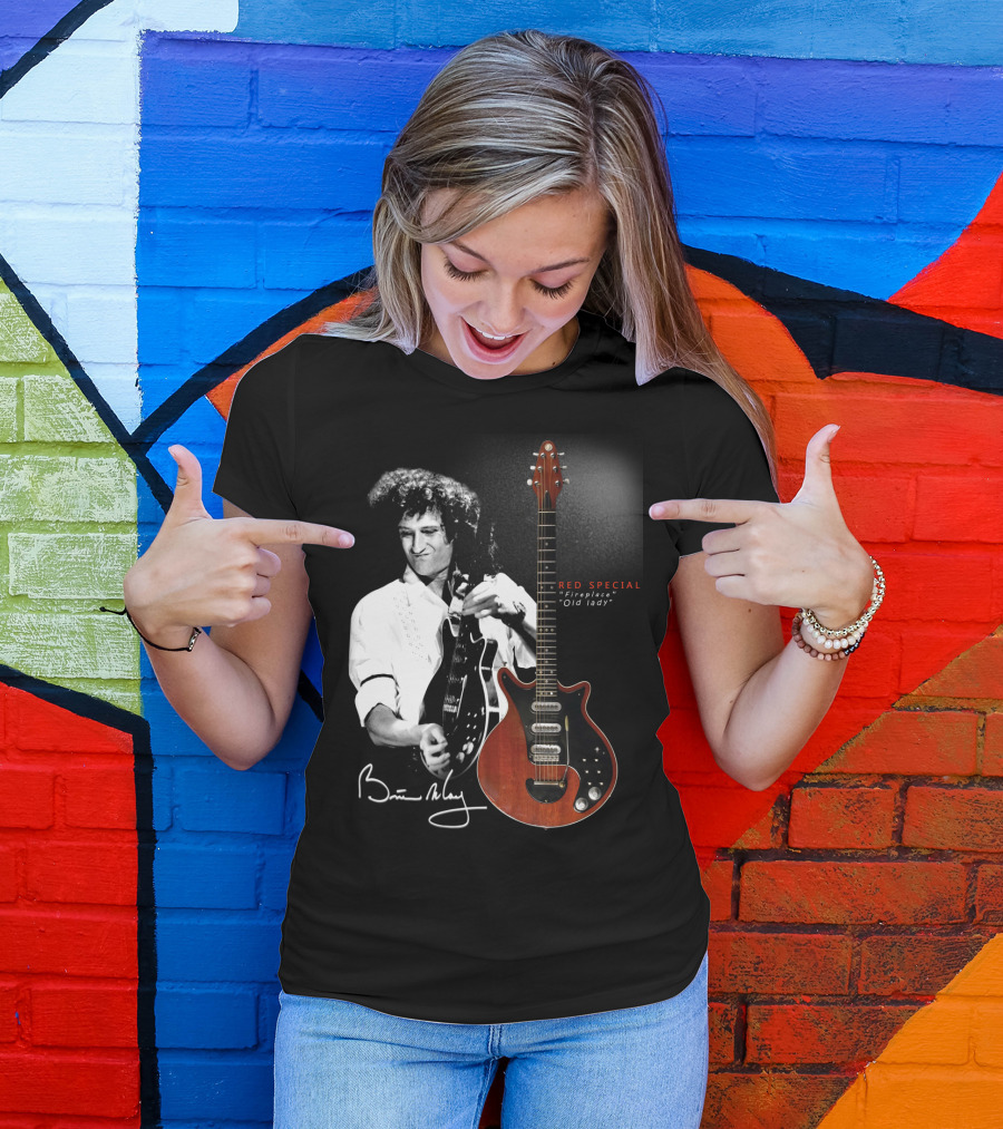 Brian May Red Special Fireplace Old Lady Guitar Signature Image T-Shirt