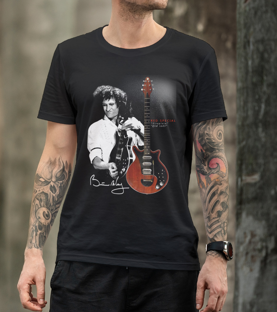 Brian May Red Special Fireplace Old Lady Guitar Signature Image T-Shirt
