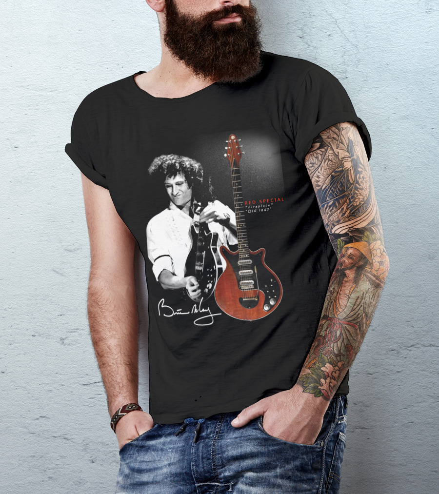 Brian May Red Special Fireplace Old Lady Guitar Signature Image T-Shirt