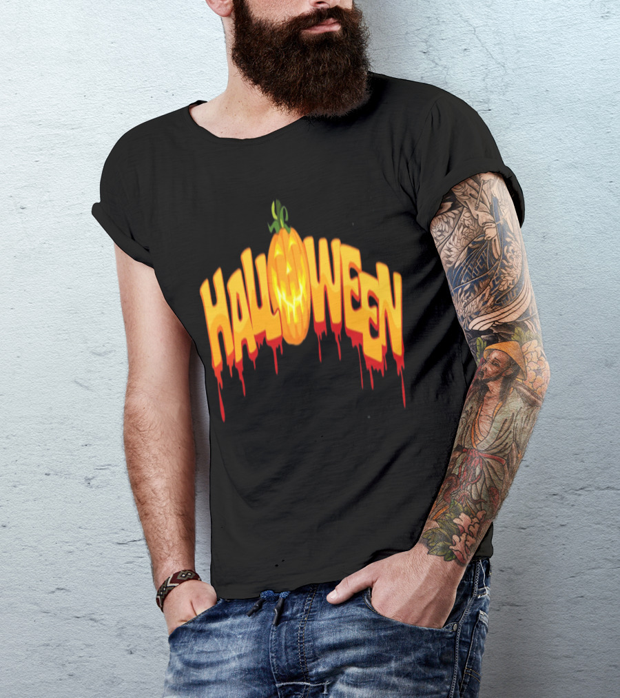 Halloween Pumpkin Dripping Text T-Shirt