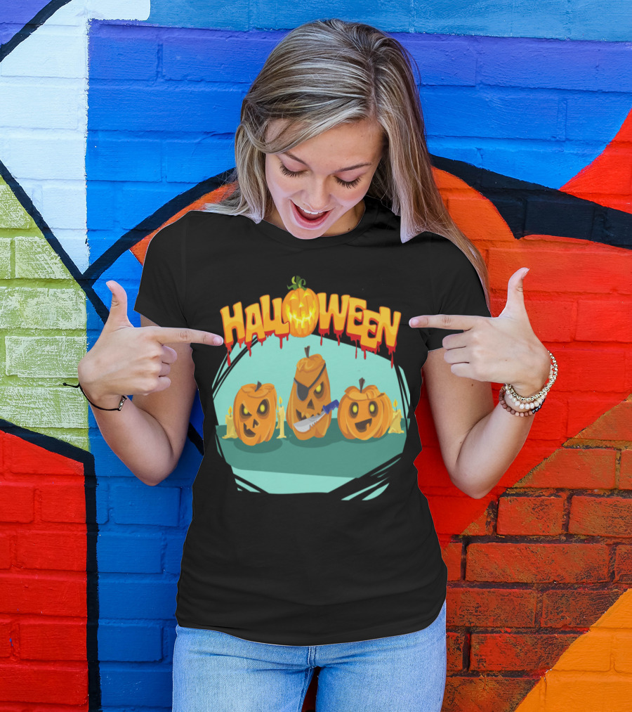 Halloween Evil Pumpkins With Knife And Eyepatch T-Shirt