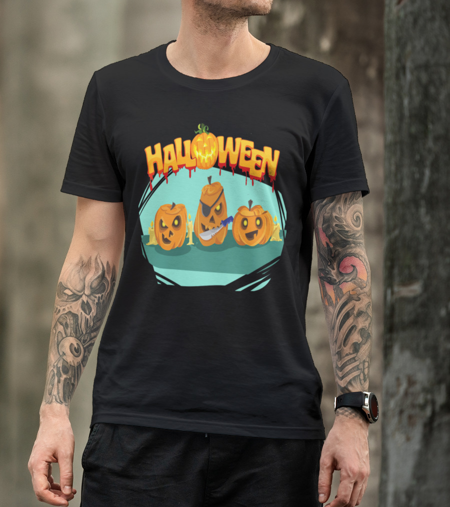 Halloween Evil Pumpkins With Knife And Eyepatch T-Shirt