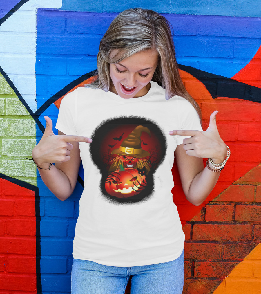 Skeleton Witch Creepy Pumpkin Halloween With Bats And Red Eyes T-Shirt