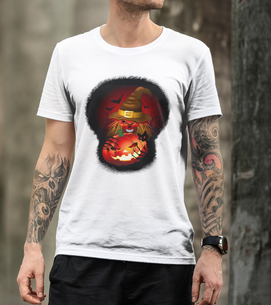 Skeleton Witch Creepy Pumpkin Halloween With Bats And Red Eyes T-Shirt