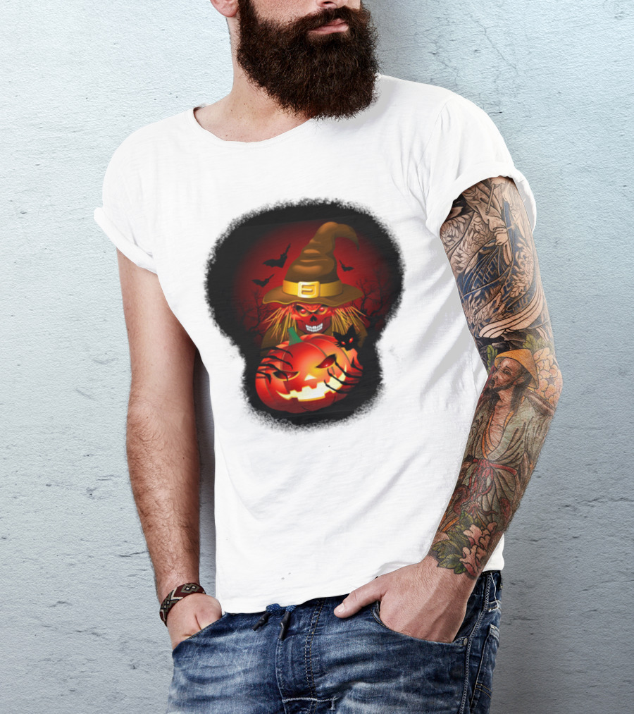 Skeleton Witch Creepy Pumpkin Halloween With Bats And Red Eyes T-Shirt
