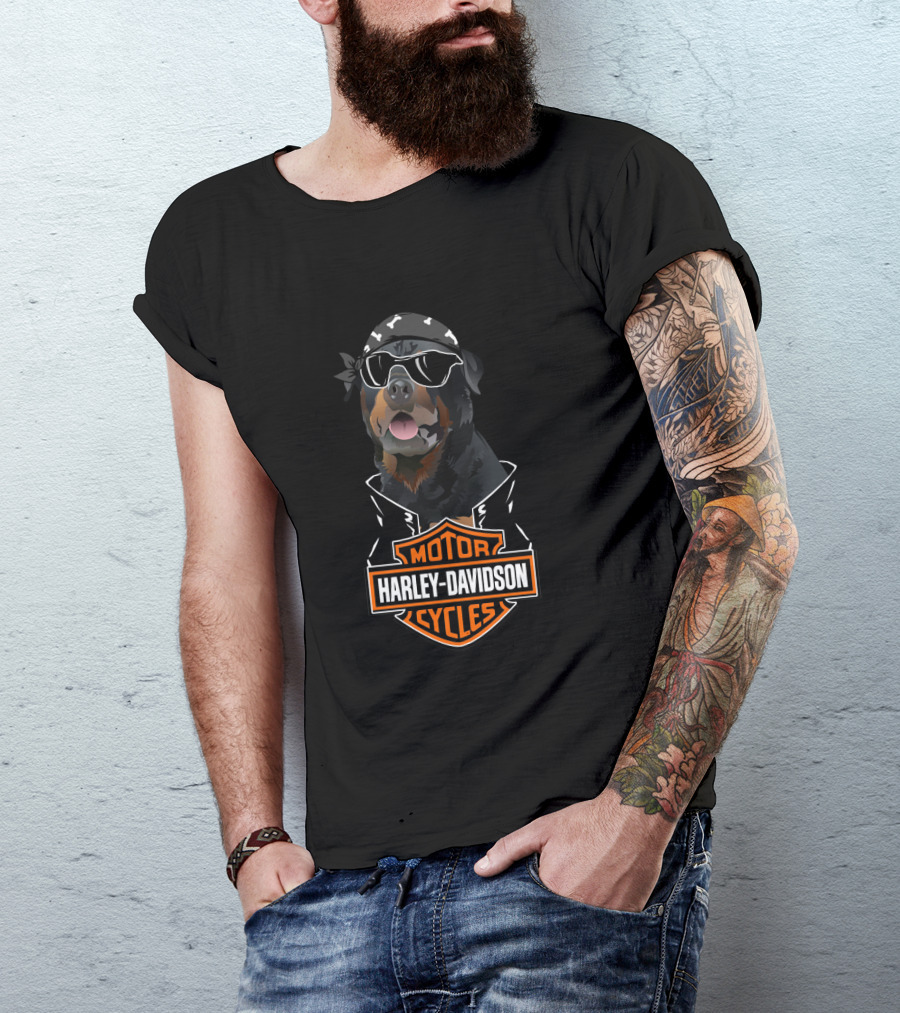 Rottweiler Harley Davidson Motorcycles Biker Bandana And Sunglasses T-Shirt