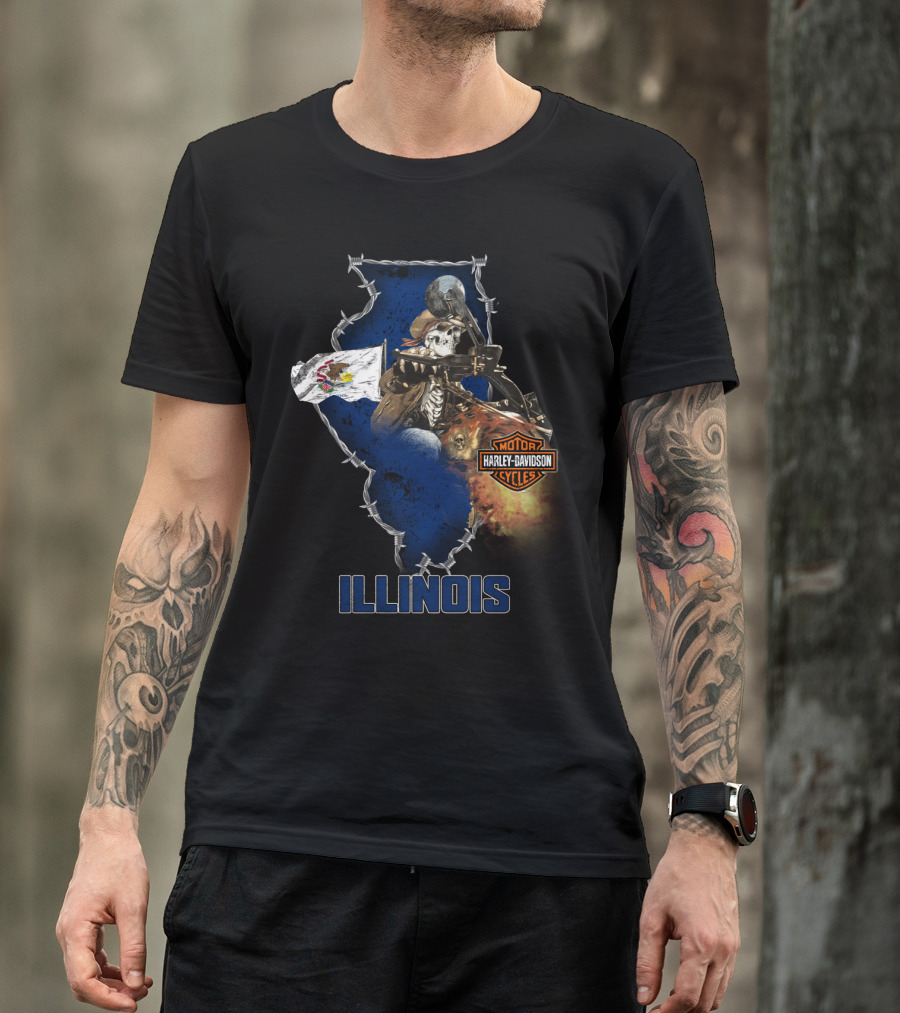 Illinois Harley Davidson Motorcycles Skeleton Rider Barbed Wire Flag T-Shirt