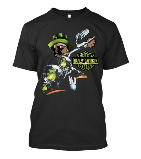 Harley Davidson Motor Cycles Pug In Green Hat Patrick Day T-Shirt
